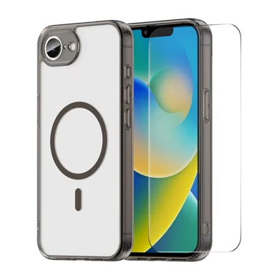  HAT PRINCE dla iPhone'a 16e / iPhone 17e ENKAY Etui magnetyczne przezroczysta pokrywa TPU z wysokim szkłem aluminiowo-krzemowym Chroniącym ekran - Czarny