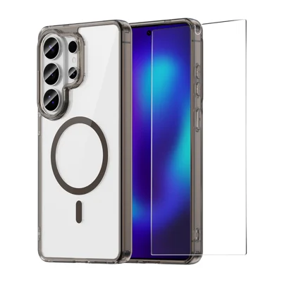  HAT PRINCE for Samsung Galaxy S25 Ultra ENKAY  Magnetic Case Clear TPU Phone Cover with High Aluminium-silicon Glass Screen Protector (Fingerprint Unlock) - Black