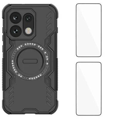 WANLONFENG voor Oppo Reno16 Pro 5G (Global) / Oppo Reno16 5G (China) / Oppo Reno16 5G (Global) Magnetische Case DJ-serie PC TPU Telefoonhoesje met 2 stuks Gehard Glasfolie - Zwart