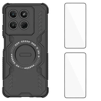 WANLONFENG para Motorola Moto G47 5G / Motorola Moto G37 5G Funda Magnética Serie DJ Funda de Teléfono PC TPU con 2 Unidades de Película de Vidrio Templado - Negro