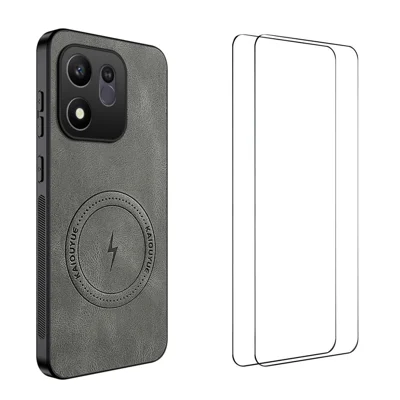WANLONFENG till Honor 600 Smart 5G SD-serien Magnetisk Skal med Nappa-struktur PC TPU Telefonhölje med 2 st Skärmskydd - Grå