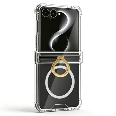 For Samsung Galaxy Z Flip8 Magnetic Case 2.0mm PC + TPU Hinge Protective Phone Cover with Ring Holder- Transparent