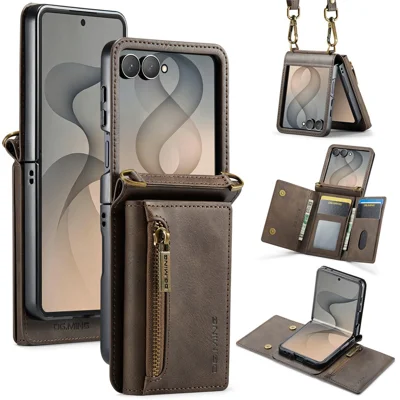 DG.MING M5 Series for Samsung Galaxy Z Flip8 Case RFID Blocking Card Slots Leather + PC Phone Cover - Brown