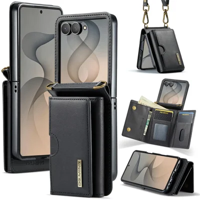 DG.MING M6 Series For Samsung Galaxy Z Flip8 Foldable Case PU + PC Phone Cover with Wallet   /   Shoulder Strap - Black