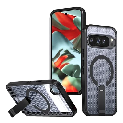 Coque magnétique pour Google Pixel 11 Pro XL avec support intégré, texture en grille, coque arrière en TPU et PC - Noir