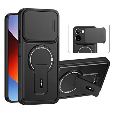 For Xiaomi Redmi A7 Pro 4G (171.56mm) / 15a 5G Case with Slide Camera Cover Kickstand Shockproof PC + TPU Matte Finish Phone Shell - Black