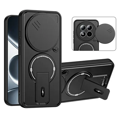 Hülle für Xiaomi Redmi Note 15 Pro 4G (Global) mit schiebbarer Kameraabdeckung, Ständer, stoßfester PC + TPU-Matt-Oberfläche, Handyhülle – Schwarz