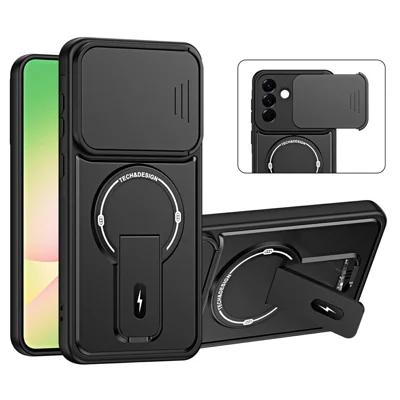 Phone Case with Slide Camera Cover For Samsung Galaxy A26 5G / A18 4G / A18 5G / A17 4G / A17 5G Kickstand Shockproof PC + TPU Matte Finish Phone Shell - Black
