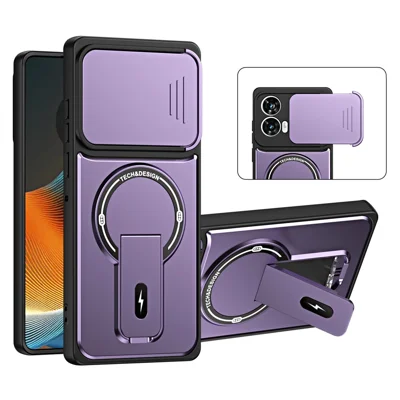 Cover per Motorola Edge 50 Fusion 5G / Moto G85 5G / G96 5G con Coperchio Scorrevole per Fotocamera, Supporto Integrato, Protezione Antiurto in PC+TPU, Finitura Opaca - Viola