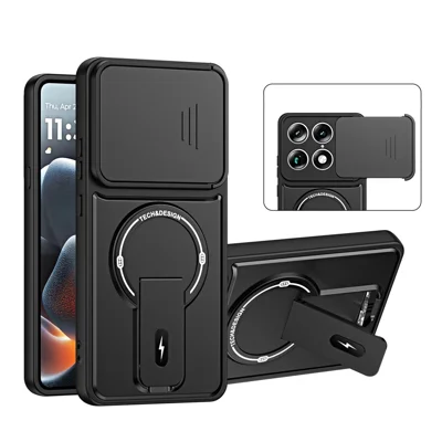 Hülle für Motorola Edge 70 Ultra 5G / Signature 5G mit schiebbarer Kamerabedekung, Ständer, stoßfester PC + TPU-Matt-Oberfläche, Handyhülle – Schwarz