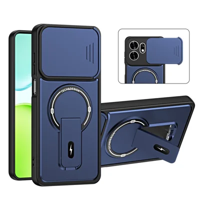 For Honor X6d 5G  /  Play 60A 5G Case with Slide Camera Cover Kickstand Shockproof PC + TPU Matte Finish Phone Shell - Blue