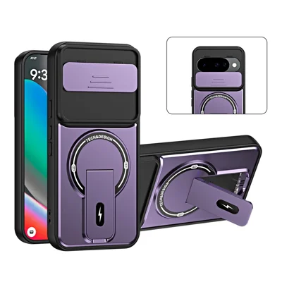 For Google Pixel 10 Pro  /  Pixel 10 Case with Slide Camera Cover Kickstand Shockproof PC + TPU Matte Finish Phone Shell - Purple