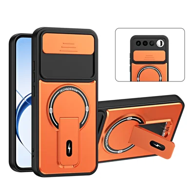 غطاء لهاتف Realme 16 5G مع غطاء كاميرا منزلق وحامل قابل للتعديل وواقٍ من الصدمات من مادة البولي كربونات + TPU بسطح مطفي - برتقالي