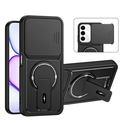 غطاء لهاتف Realme C100 4G / C100x 4G / C100i 4G مع غطاء كاميرا منزلق وحامل قابل للتعديل وواقي من الصدمات من مادة البولي كربونات + TPU وسطح غير لامع - أسود