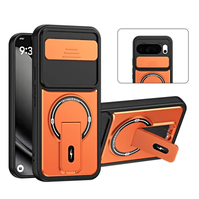 For Google Pixel 10 Pro XL Case with Slide Camera Cover Kickstand Shockproof PC + TPU Matte Finish Phone Shell - Orange