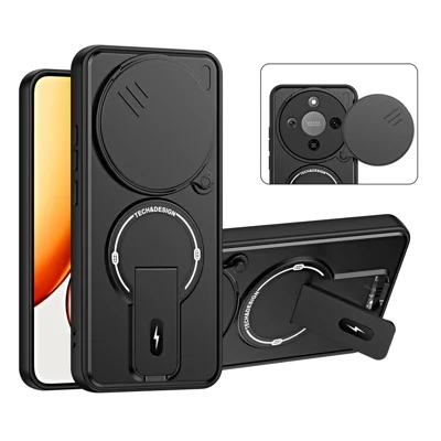 Cover per Honor X70 5G / X9d 5G / Magic8 Lite 5G con Coperchio Scorrevole per Fotocamera, Supporto Integrato, Protezione Antiurto in PC+TPU, Finitura Opaca - Nero