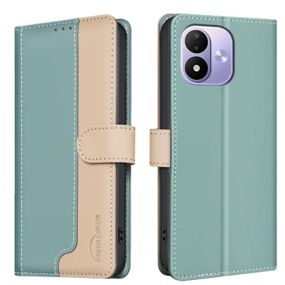 BINFEN COLOR für Xiaomi Redmi Note 17 4G Ledertasche Zusammengefügte Farbe RFID-Schutz-Portemonnaie-Ständer Handyhülle - Grün