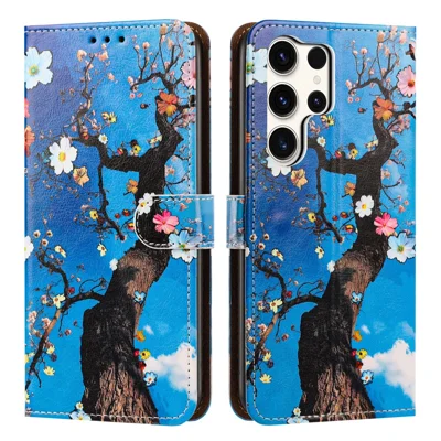 For Samsung Galaxy S25 Ultra Case Pattern Printed Wallet Flip Stand PU Leather Phone Cover with Wrist Strap - Flowering Tree