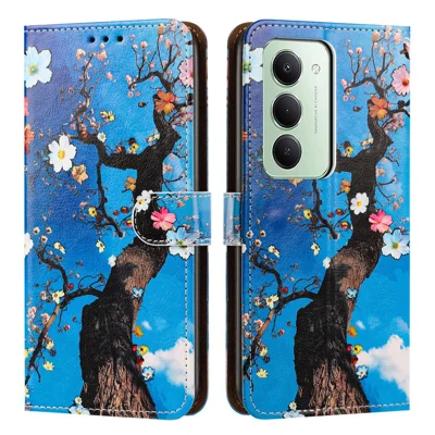 Capa Carteira Dobrável com Suporte para Xiaomi Redmi 15 4G (169 mm) / 15 5G (Global) (169 mm), Capa de Telefone em Pele PU com Alça de Pulso, Estampa de Árvore Florida