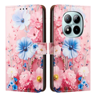 Für Xiaomi Redmi Note 15 Pro 4G (Global) Hülle bedruckt mit Muster, Klappbrieftasche mit Ständer, aus PU-Leder, Handyhülle mit Handschlaufe - Blaue Blumen