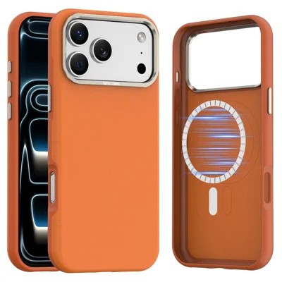 Чехол для iPhone 18 Pro Max, совместимый с MagSafe, с текстурой мелкой сетки, кожаное покрытие, ТПУ/ПК чехол с металлической рамкой объектива — оранжевый