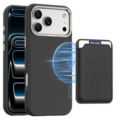 Чехол для iPhone 18 Pro Max, совместимый с MagSafe, с текстурой мелкой сетки, кожаной задней панелью и съемным держателем для карт - Черный