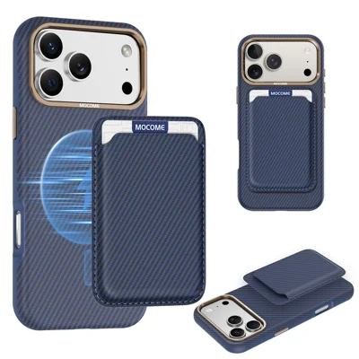 For iPhone 18 Pro Max Magnetic Case Carbon Fiber Texture Leather Back Phone Cover with Detachable Card Holder - Sapphire