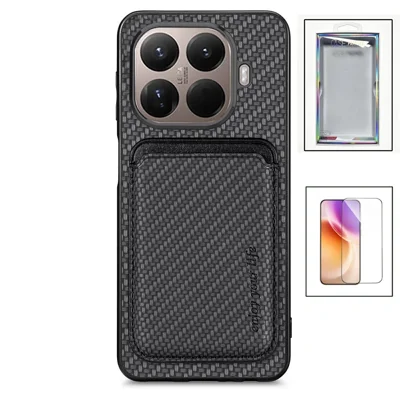 For Xiaomi 17T Magnetic Case Detachable Card Holder Carbon Fiber Texture Phone Cover with Tempered Glass Screen Protector - Black