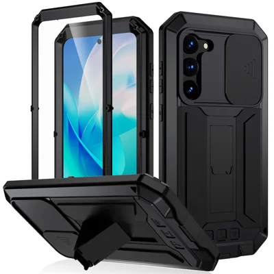 R-JUST til Samsung Galaxy S23 PC+Silicone+Metal Telefon Bagdæksel med Skydelid til Kamera, Stødfast Hold med Foldsben og Hærdet Glas Skærmbeskytter - Sort
