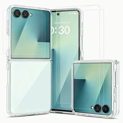 For Samsung Galaxy Z Flip8 Case 2.0mm Thickened PC + TPU Phone Cover + 2Pcs Outer Screen Tempered Glass Film + 2Pcs Inner Screen Hydrogel Film - Transparent