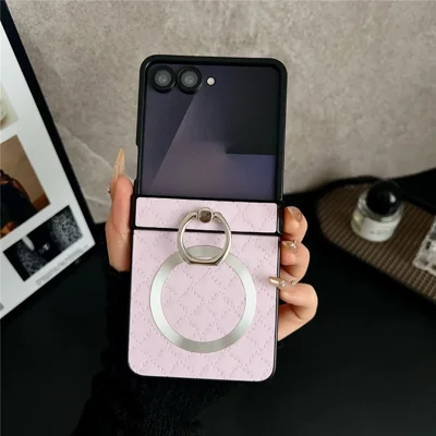 For Samsung Galaxy Z Flip8 Magnetic Case Diamond Quilted Leather Back Cover with Ring Holder Kickstand - Pink