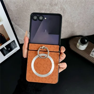 For Samsung Galaxy Z Flip7 5G Magnetic Case Diamond Quilted Leather Back Cover with Ring Holder Kickstand - Brown