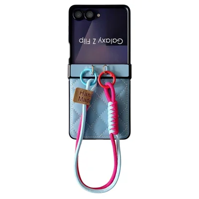 For Samsung Galaxy Z Flip8 Case Air Cushion V-Pattern Diamond Grid Leather + PC Phone Cover with Lanyard - Blue