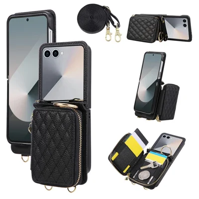 For Samsung Galaxy Z Flip8 Case Zipper Card Holder  PU Leather Phone Back Cover with Shoulder Strap - Black
