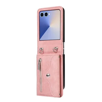 For Samsung Galaxy Z Flip8 Case RFID Blocking Card Holder Kickstand PU Leather + PC Phone Cover - Rose Gold