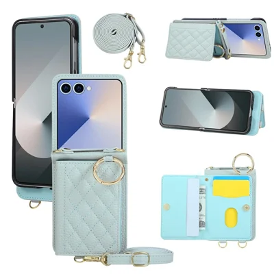 For Samsung Galaxy Z Flip8 Case Kickstand Rhombus Leather + PC Phone Cover with Shoulder Strap - Blue