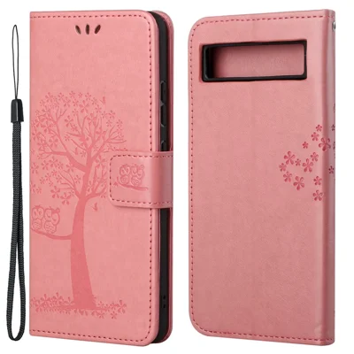 For Google Pixel 7a Imprinted Owl Tree Pattern PU Leather Stand Case Drop-proof Phone Wallet Cover - Pink