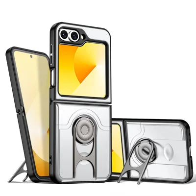  For Samsung Galaxy Z Flip6 5G Case with Slide Camera Cover Kickstand PC + TPU Protective Phone Shell - Silver