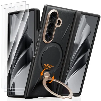 TORRAS Ostand Spin VegSkin-serie til Samsung Galaxy Z Fold8 Magnetisk omslag med 2 stk. tempered glass film Stå-telefon omslag - Sort