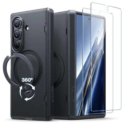 TORRAS pour Samsung Galaxy Z Fold8 Étui avec 2 films en verre trempé Support pivotant magnétique Étui pour téléphone PC + TPU - Noir