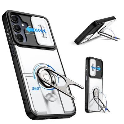  For Samsung Galaxy S24 FE Case with Slide Camera Cover Kickstand PC + TPU Protective Phone Shell - Silver