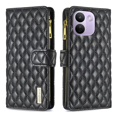 BINFEN COLOR für Xiaomi Redmi Note 17 Pro+ 5G BF Style-15 Ledertasche mit Reißverschlusstasche Rhombus-Telefonhülle - Schwarz