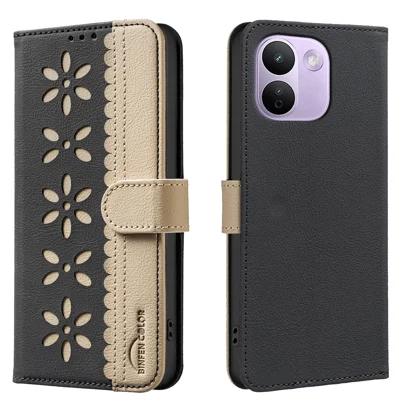 BINFEN COLOR for Xiaomi Redmi Note 17 Pro Max 5G / Note 17 Pro+ 5G BF36 Leather Case Floral Pattern Phone Cover RFID Blocking Wallet Stand - Black