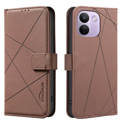 BINFEN COLOR for Xiaomi Redmi Note 17 Pro Max 5G / Note 17 Pro+ 5G BF35 Case Geometry Imprinted Leather Phone Cover RFID Blocking Wallet Stand - Brown