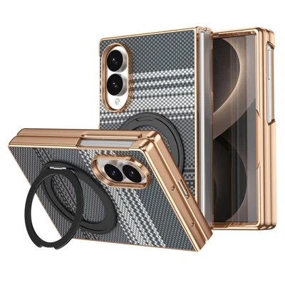 For Samsung Galaxy Z Fold8 Case Magnetic Rotating Kickstand Aramid Fiber Texture Leather + PC Phone Cover with HD Screen Protector - Black