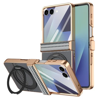 For Samsung Galaxy Z Flip8 Case Magnetic Rotating Kickstand Aramid Fiber Texture Leather + PC Phone Cover with HD Screen Protector - Black