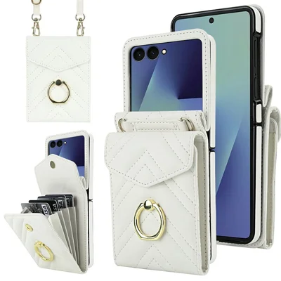 For Samsung Galaxy Z Flip8 Case RFID Blocking PU Leather + TPU Phone Cover with Shoulder Strap - White