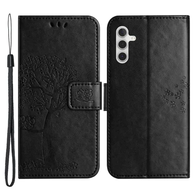 For Samsung Galaxy A54 5G Imprinted Owl Tree Pattern Magnetic Clasp Cover PU Leather Wallet Stand Phone Case - Black