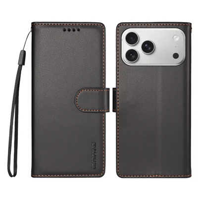  BETOPNICE til iPhone 18 Pro Max / iPhone 17 Pro Max 006 Case RFID-blokerende Wallet Stående Læderdæksel med Håndledsrem - Sort