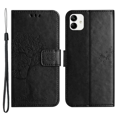 Für Samsung Galaxy A04e 4G / F04 4G / M04 4G Bedrucktes Eulen-Baum-Muster, kratzfestes PU-Leder-Mappe-Viewing-Stand, anti-fingerprint Schutzhülle - Schwarz